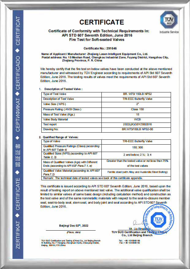 Certificare de incendiu API607（BR.W73/150LB NPS2）