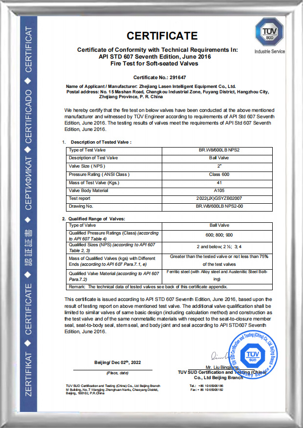 Certificare de incendiu API 607 ​​(BR.W8/600 LB NPS2)